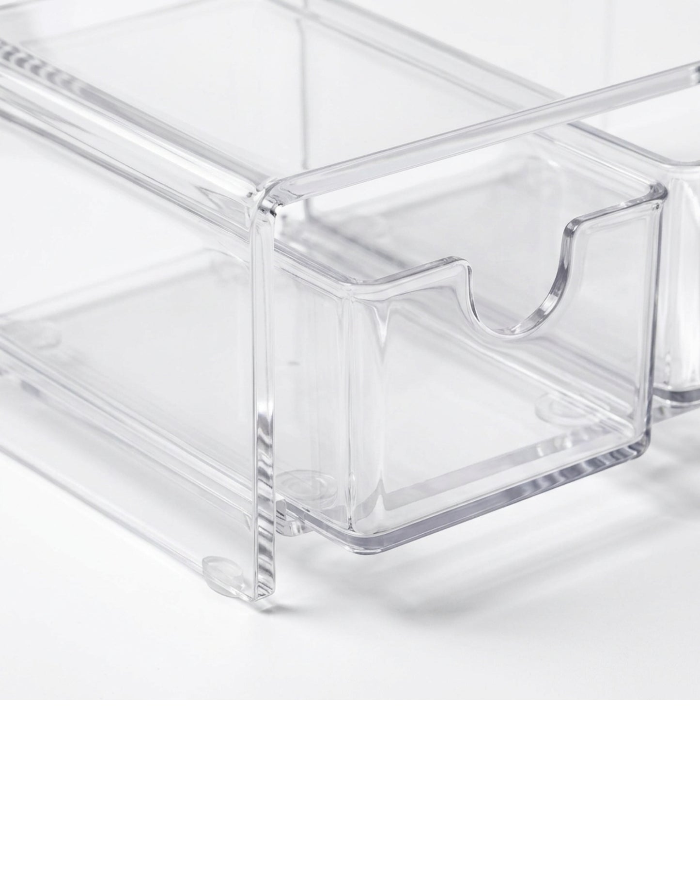 Boont Clear Acrylic Bridge Shelf Organizer with 2 Open Sliding Bins - Detail view