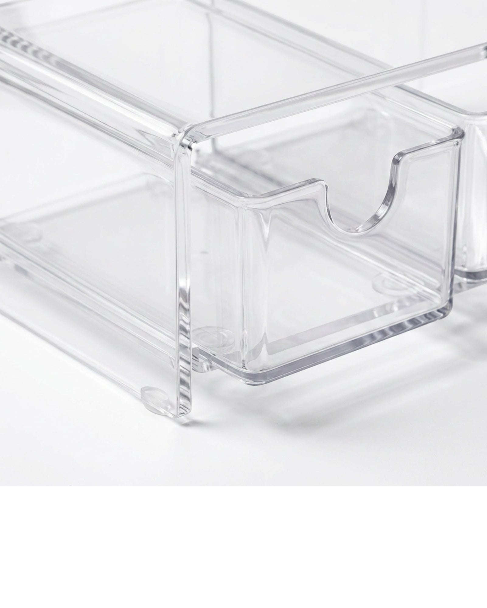 Boont Clear Acrylic Bridge Shelf Organizer with 2 Open Sliding Bins - Detail view