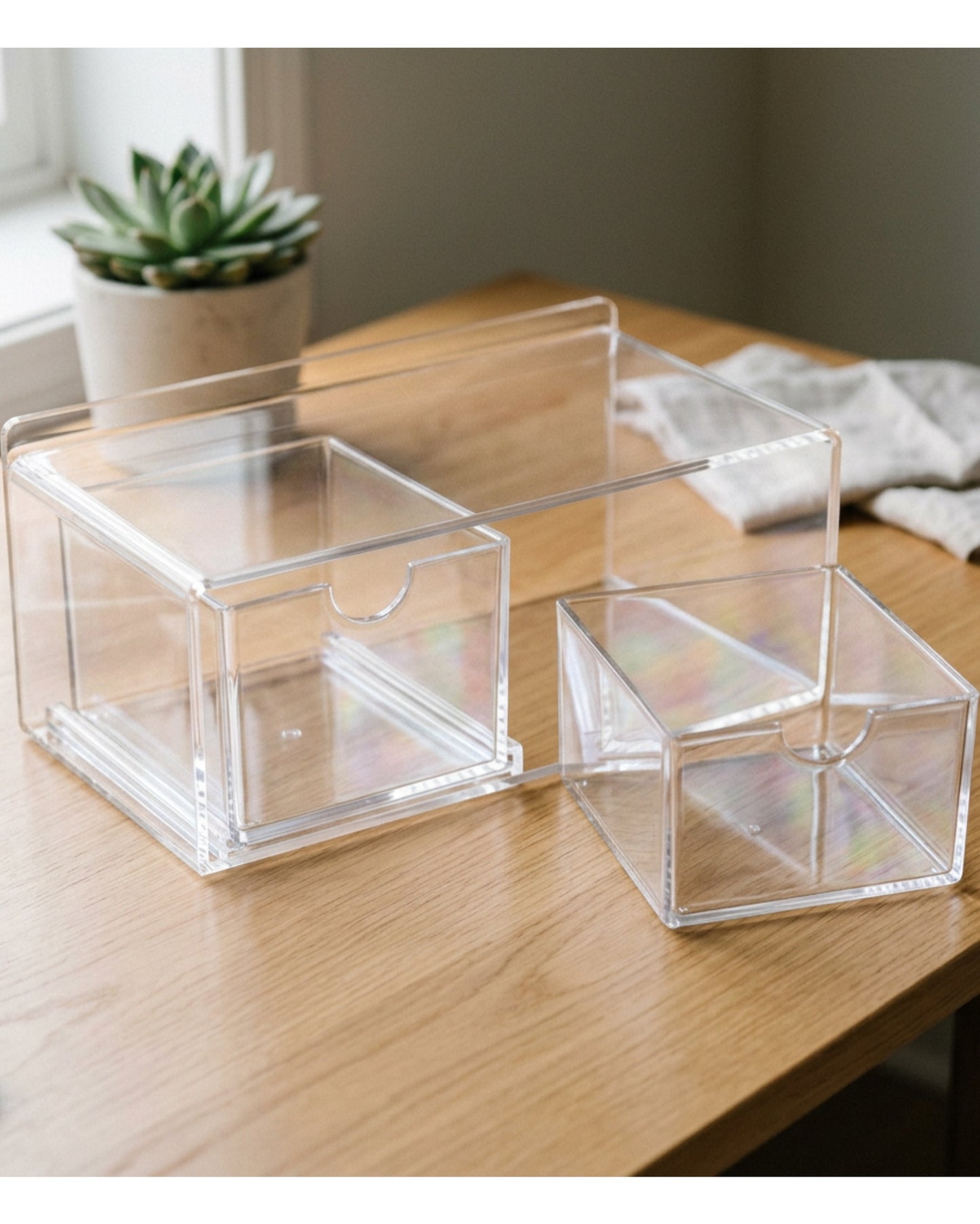 Boont Clear Acrylic Bridge Shelf Organizer with 2 Open Sliding Bins - Lifestyle view